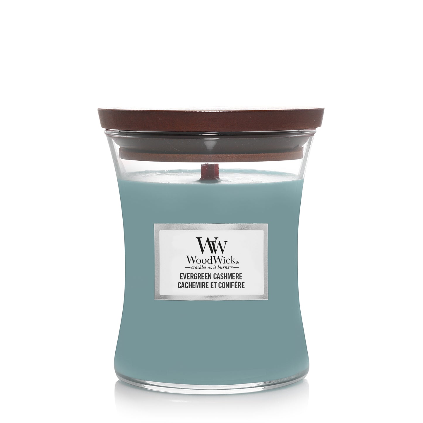 "Evergreen Cashmere Medium WoodWick 275g 60 uur pinyon den sandelhout