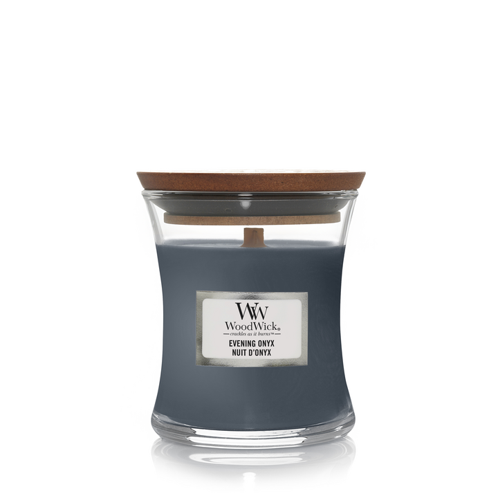 Evening Onyx Mini WoodWick 85g mysterieus zwarte orchidee deksel