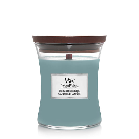 "Evergreen Cashmere Medium WoodWick 275g 60 uur pinyon den sandelhout