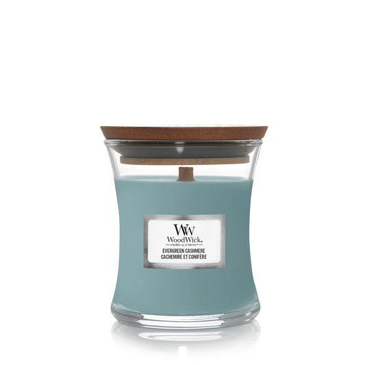 Evergreen Cashmere Mini WoodWick 85g dennen kasjmier winter deksel