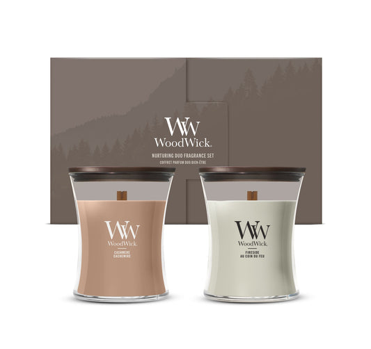 Cadeauset 2 Medium geurkaarsen Fireside en Cashmere van WoodWick in geschenkdoos