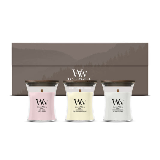 Cadeauset Blooming Trio 3 mini geurkaarsen van WoodWick in geschenkdoos