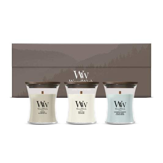 Cadeauset Woodland Trio 3 mini geurkaarsen van WoodWick in geschenkdoos