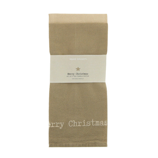 Theedoek Festive Merry Kerst 2-pack - Taupe