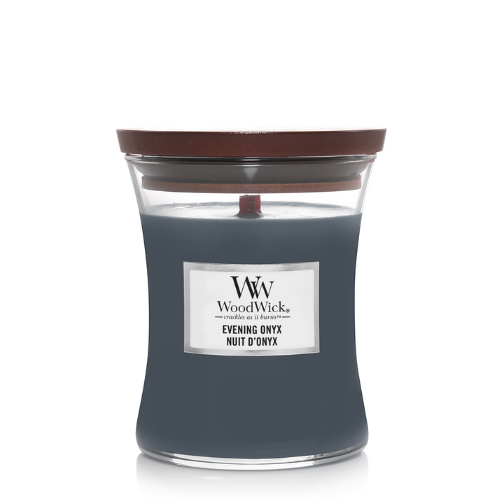 Evening Onyx Medium WoodWick 275g 60 uur avondgeur wierook patchouli