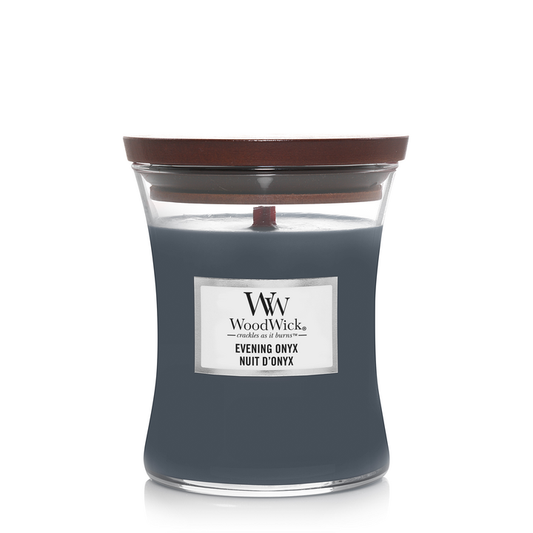 Evening Onyx Medium WoodWick 275g 60 uur avondgeur wierook patchouli