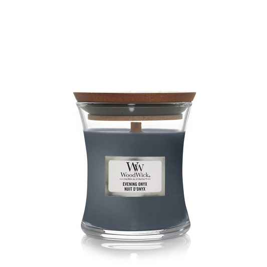Evening Onyx Mini WoodWick 85g mysterieus zwarte orchidee deksel