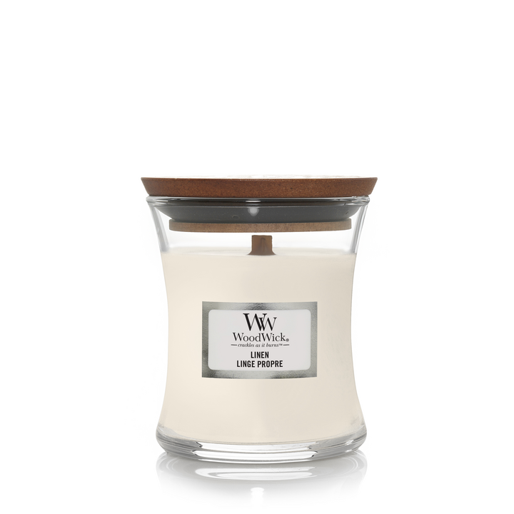 Linen Mini WoodWick 85g 7x8cm verse wasgoed fresh houten deksel