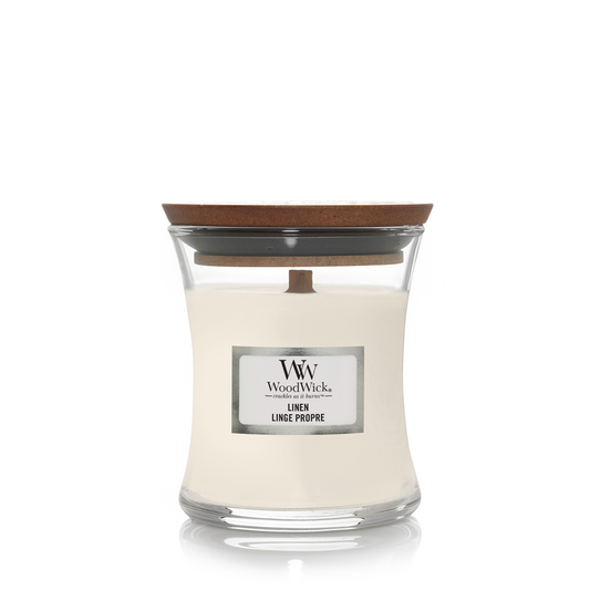 Linen Mini WoodWick 85g 7x8cm verse wasgoed fresh houten deksel