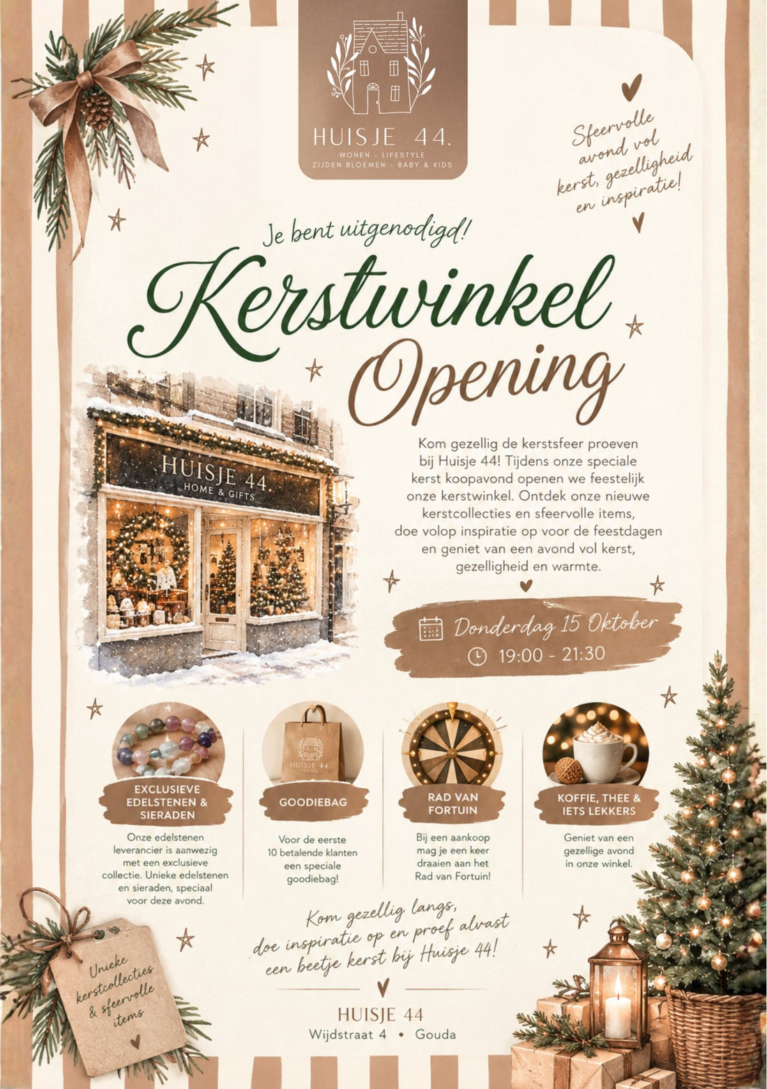 Flyer Kerstwinkel Opening bij Huisje 44 op donderdag 15 oktober van 19:00 tot 21:30