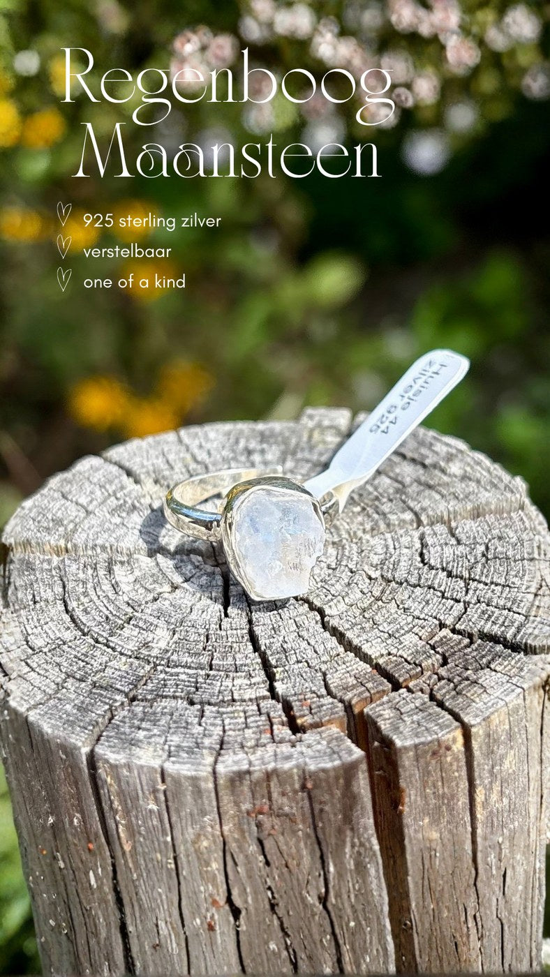 Ring met regenboogmaansteen van 925 sterling zilver bij Huisje 44